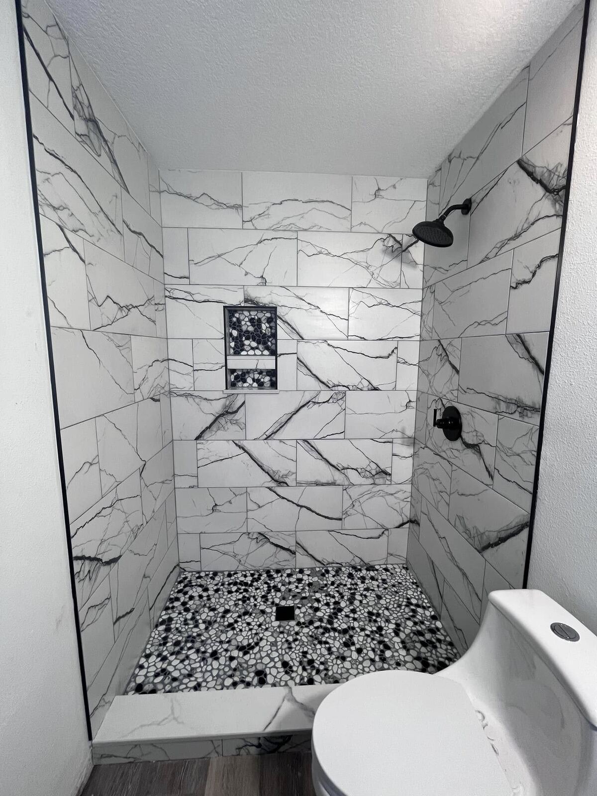Marble tile walk-in shower remodel